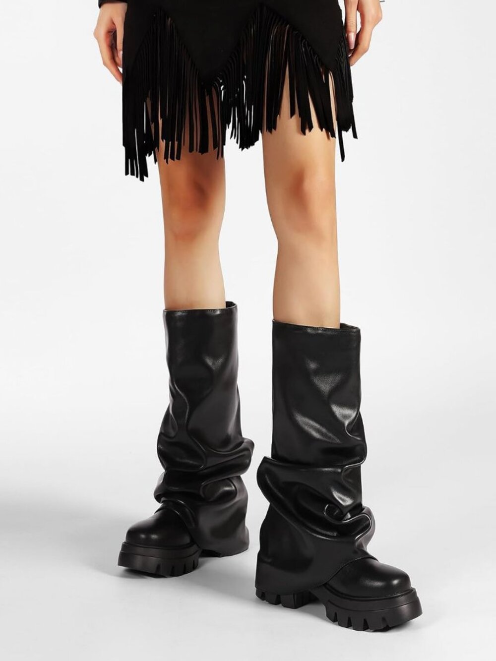 Women's Black Fold Over Boots Slouchy Boots Wide Calf Pleated Platform Boots - Picture 6 of 6